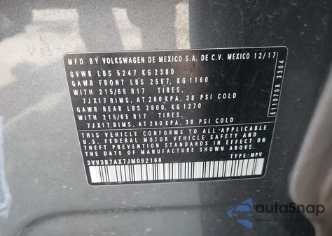 2018 Volkswagen Tiguan Se/Sel z USA, uszkodzony, nr VIN 3VV3B7AX7JM092168